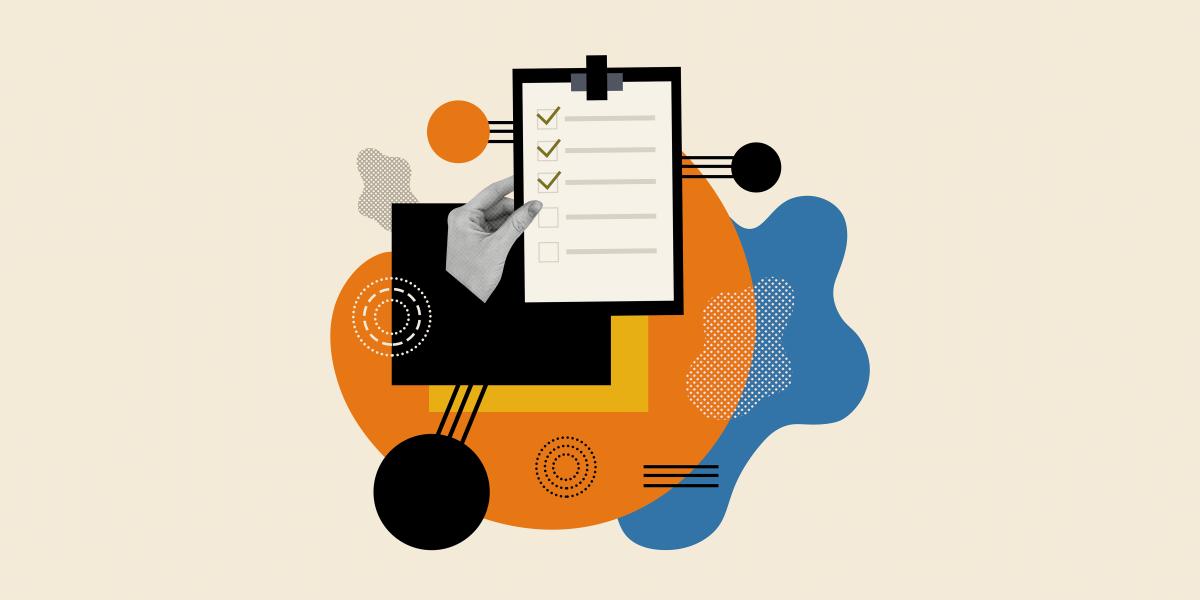 collage-style illustration: hand, clipboard document with checklist, abstract shapes