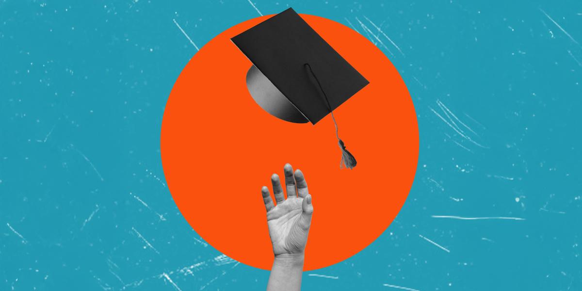 Illustration of a hand reaching toward a graduation cap.