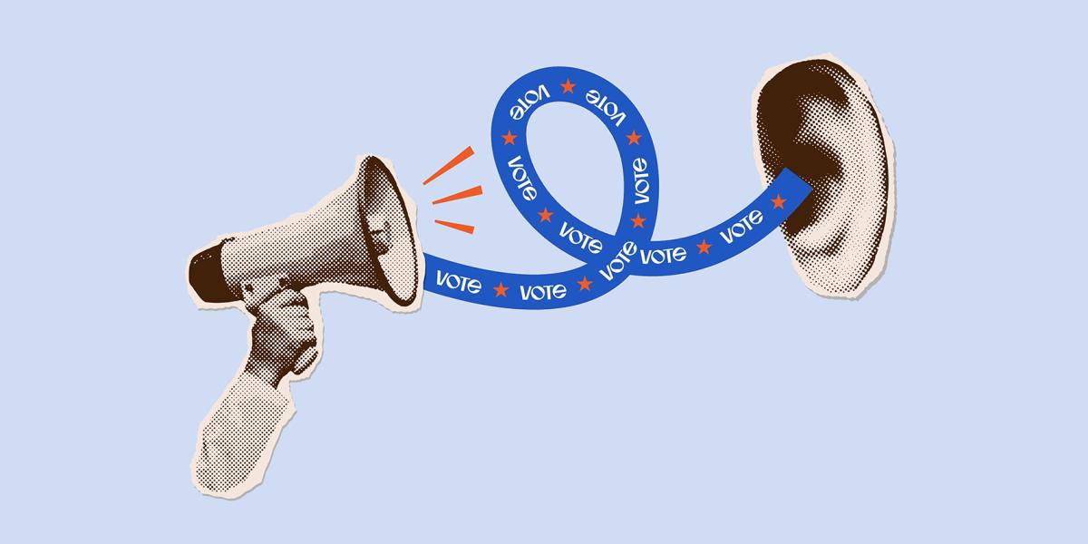 collage-style illustration of megaphone with "Vote" ribbon going to ear