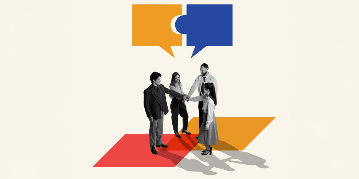 collage-style illustration of group of people working together