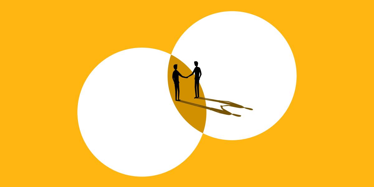 illustration with people in silhouette standing on overlapping circles and shaking hands
