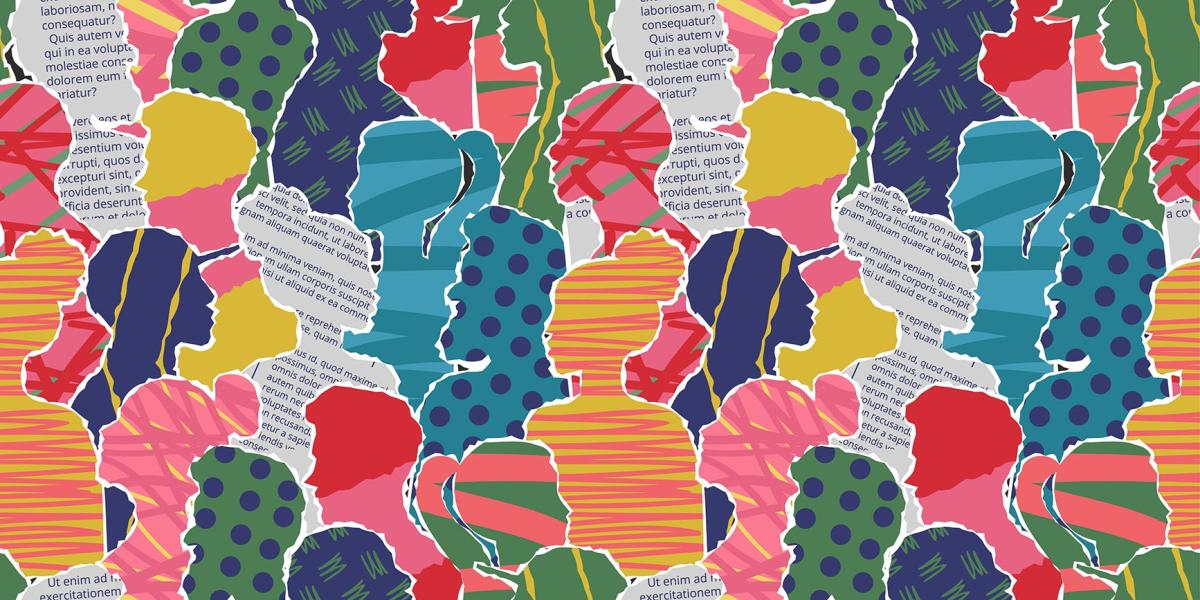 collage-style image of multicolor cutouts of people in profile