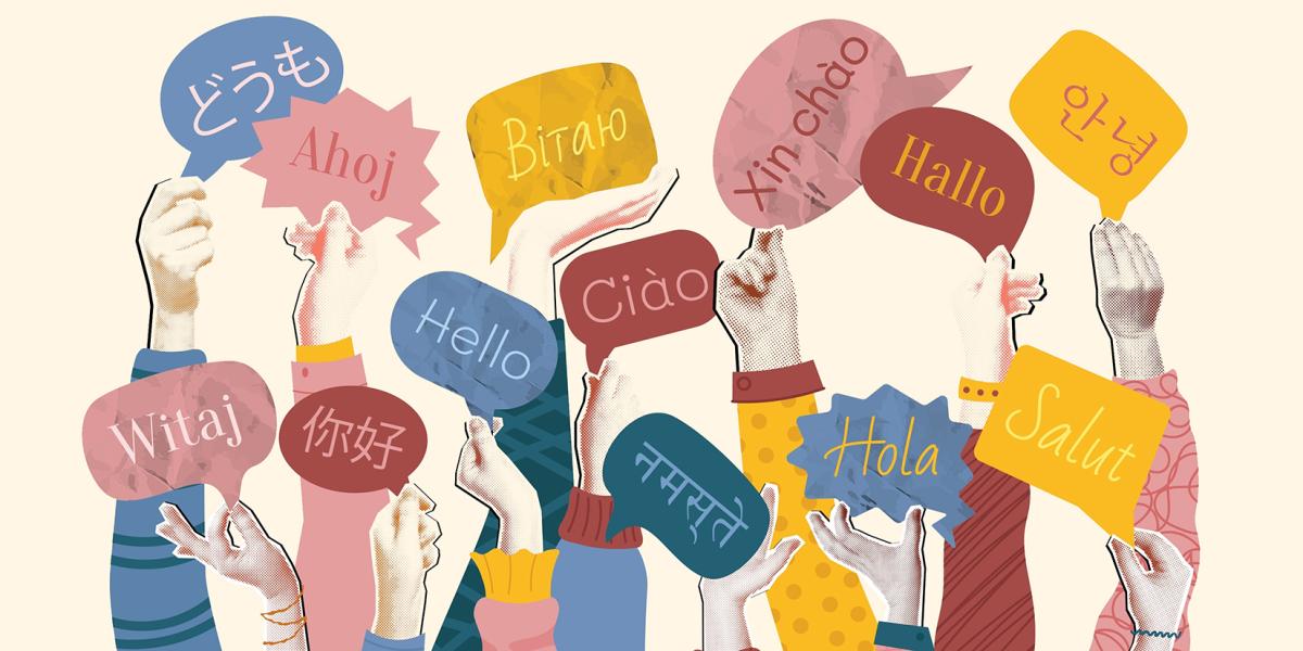 illustration of hands holding multicolor signs with greetings in various languages