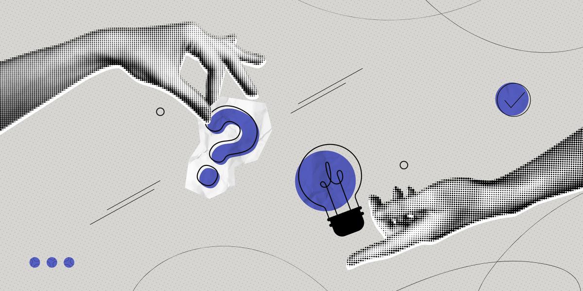 collage-style illustration of two hands holding a question mark and light bulb