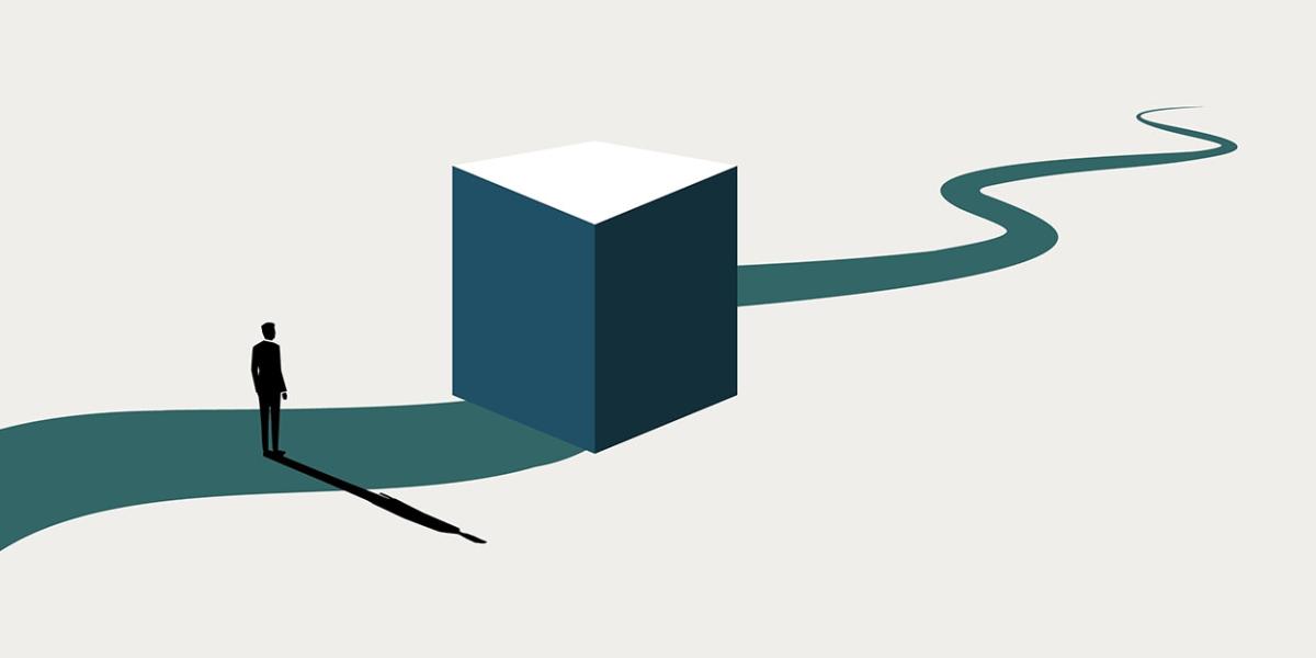 illustration of man on path blocked by large obstacle