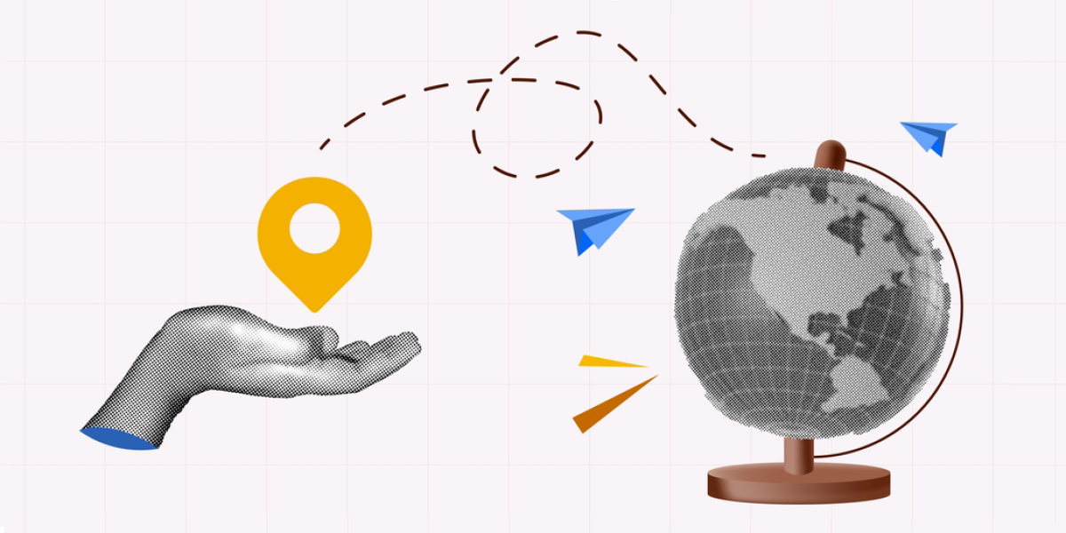 collage style illustration of hand holding map pin with dotted line to globe