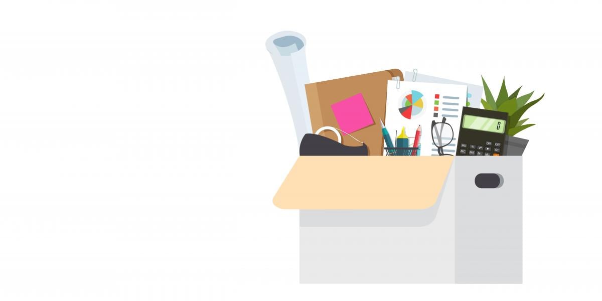 Illustration of a box filled with desk accessories