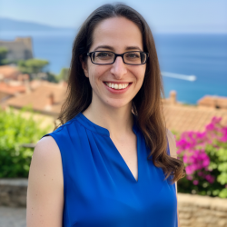 photo of Jennifer Frankel with a beach scenery and flowers in the background