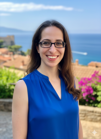 photo of Jennifer Frankel with a beach scenery and flowers in the background