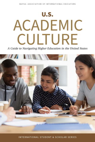 Cover of a publication titled "U.S. Academic Culture" featuring a photo of three students studying together