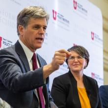 Tim Shriver speaking on a conference panel.