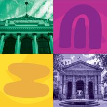 multicolor grid of icons and photos of universities