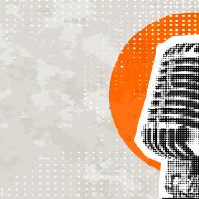 collage-style illustration of microphone on orange circle
