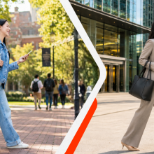 photo of two students walking on campus.