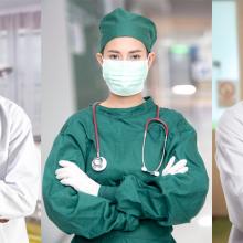 three doctors in scrubs and white coats