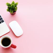 Laptop, mouse, plant, coffee cup, and glasses on a pink background