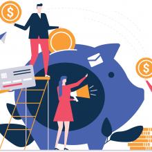 Illustration of people putting money into a piggy bank