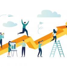 illustration of people gathered around large upward arrow