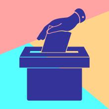 illustration of hand putting paper in ballot box on multicolor background