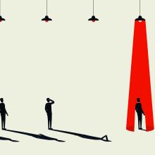 illustration of five figures, one with red spotlight on them