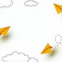 yellow paper airplanes with drawn clouds and paths in background