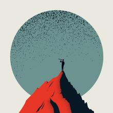 Illustration of a person standing on top of a red mountain with a large moon in the background