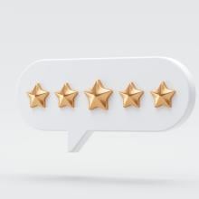 3D rendering of five gold star rating icon on plain background with shadow