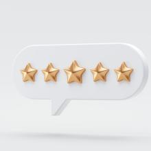 3D rendering of five gold star rating icon on plain background with shadow