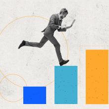 collage-style image: man with laptop jumps above series of multicolor columns