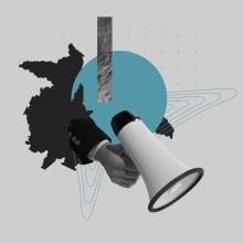 collage style image of hand holding megaphone with geographical shapes