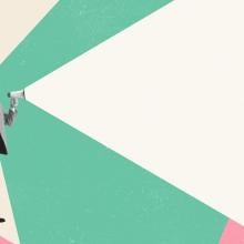 Collage illustration of a man speaking in a megaphone