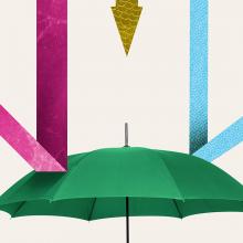 Green umbrella with pink and blue arrows bouncing off