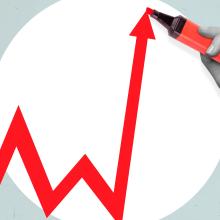 Collage illustration of a red graph line and a person's hand