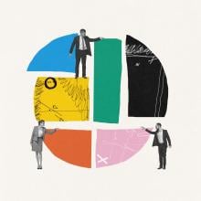 collage-style illustration of business people standing on pieces of circle-shaped graph