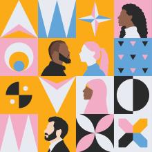 illustration of diverse people in profile and abstract icons