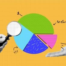 Illustration collage of hands and a pie chart