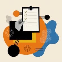 collage-style illustration: hand, clipboard document with checklist, abstract shapes