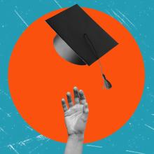 Illustration of a hand reaching toward a graduation cap.