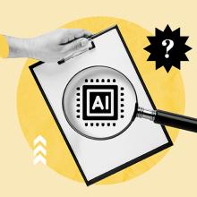 Illustration of question marks, AI, and a hand
