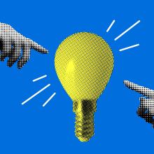 Collage  illustration of two hands and a light bulb
