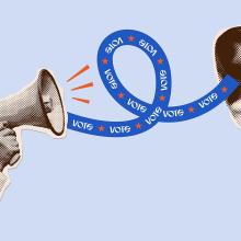 collage-style illustration of megaphone with "Vote" ribbon going to ear