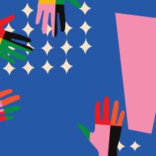 Multicolored illustration of hands reaching toward each other.