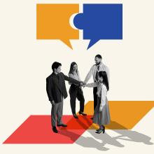 collage-style illustration of group of people working together