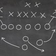 Football play written in chalk on a board