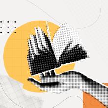 collage-style illustration of hand with book and graphic elements