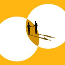illustration with people in silhouette standing on overlapping circles and shaking hands