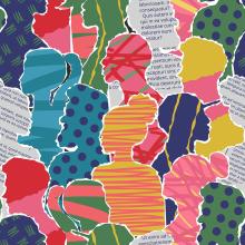 collage-style image of multicolor cutouts of people in profile