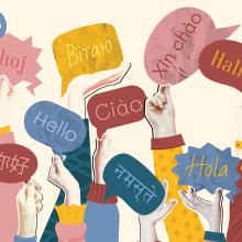 illustration of hands holding multicolor signs with greetings in various languages