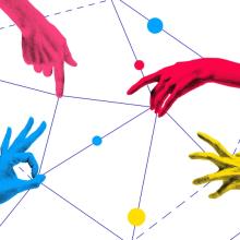 hands in different colors manipulating grid of connections and intersections