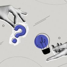 collage-style illustration of two hands holding a question mark and light bulb